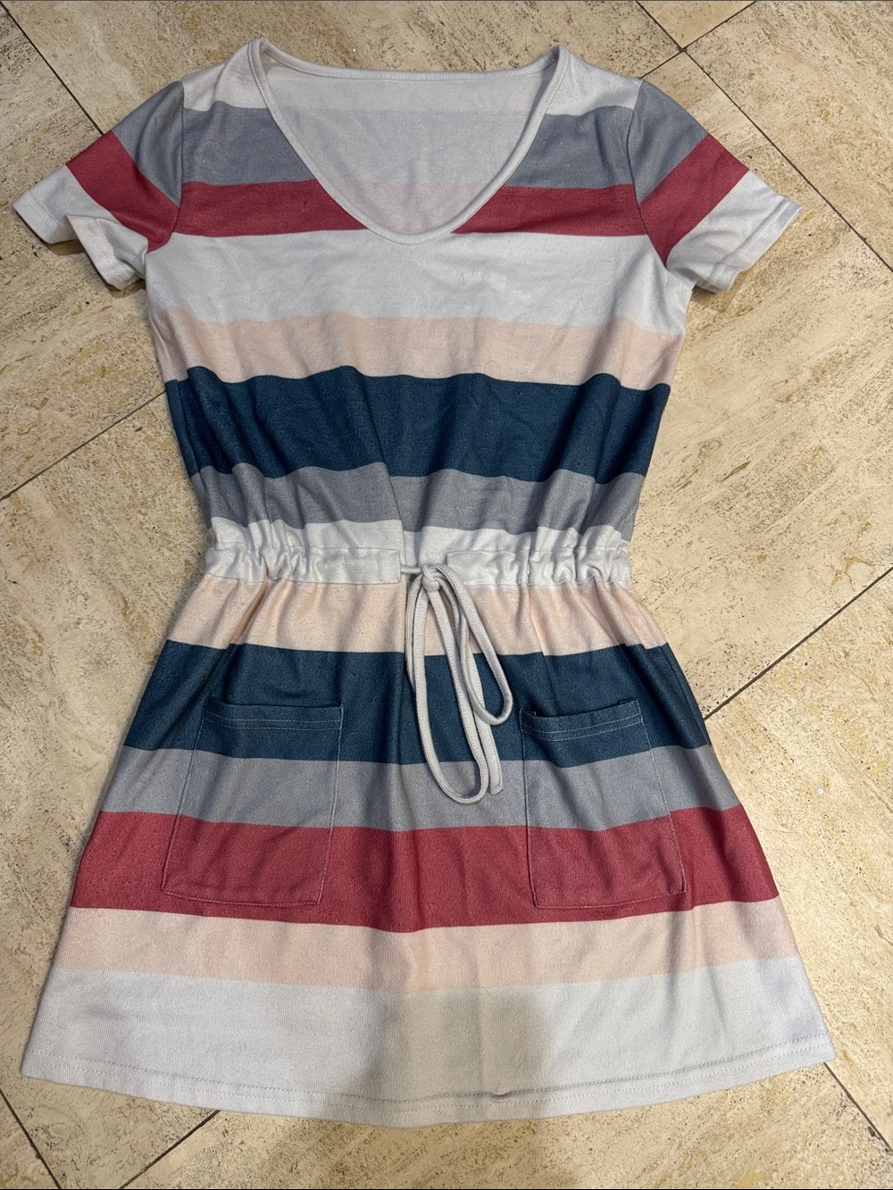 Striped Drawstring Waist Short Sleeve Dress - Multi-Color